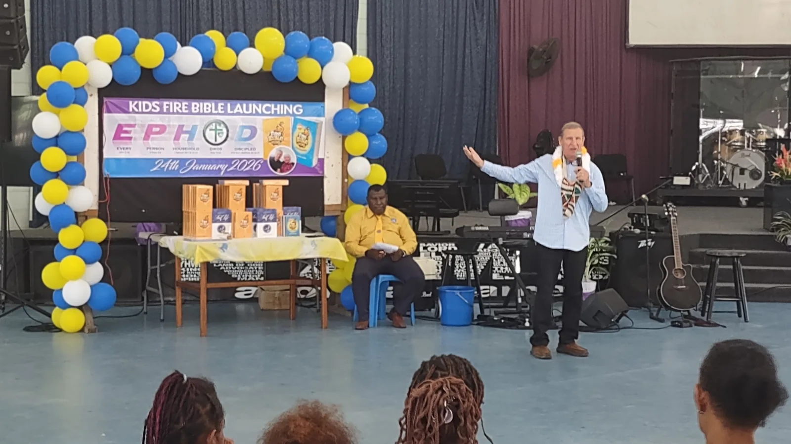 Herb Johnson speaking at the Kids Fire Bible launching in Papua New Guinea, January 2026